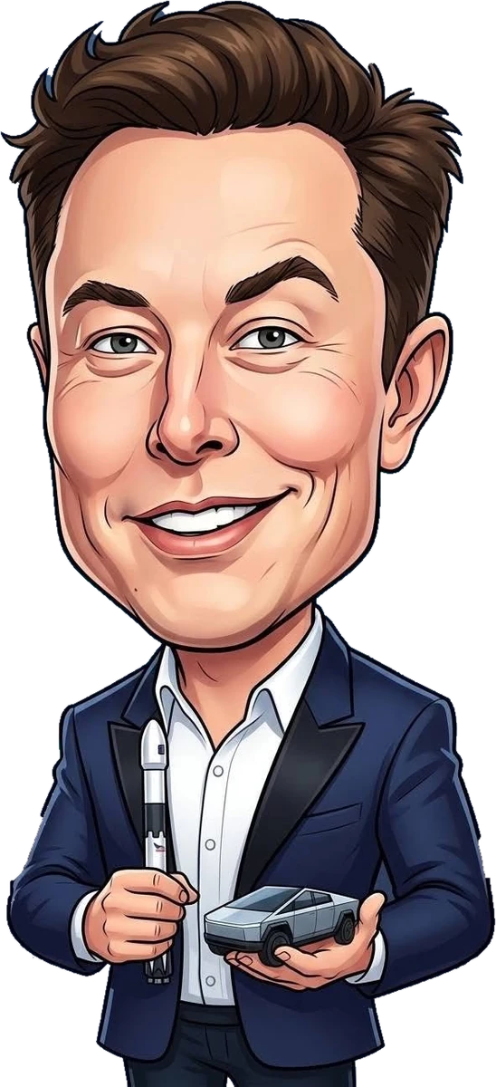 Cartoon doodle of Elon Musk holding a rocket and a Cybertruck